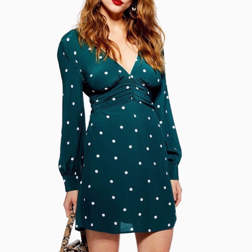 TopShop Teal Polka Dot Ruched Waist Long Sleeve Dress